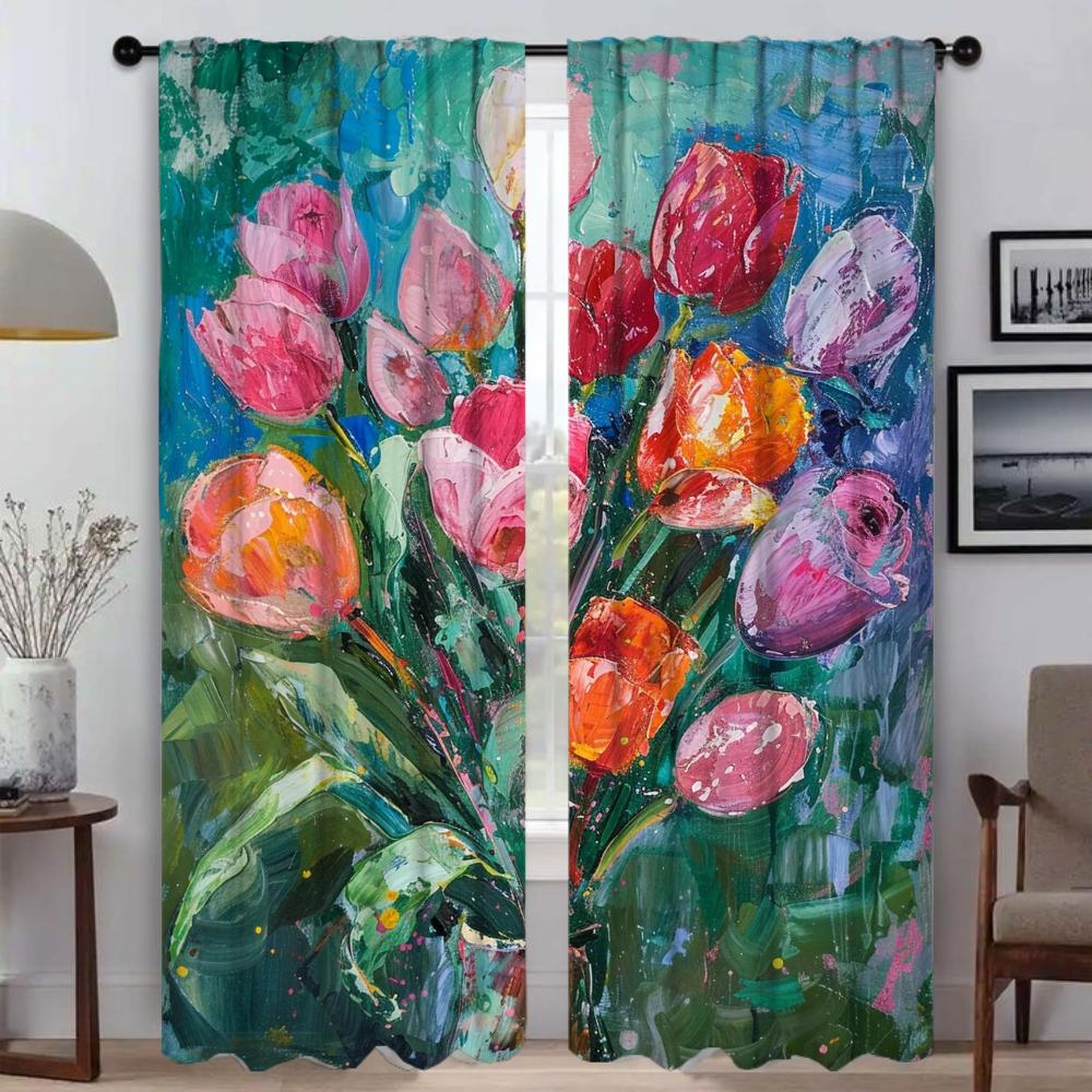 Roses and Pink Tulips Curtains for Living Room Curtain Tulle for Bedroom Shades Home Interior Curtains 2 Pieces Partition Camera