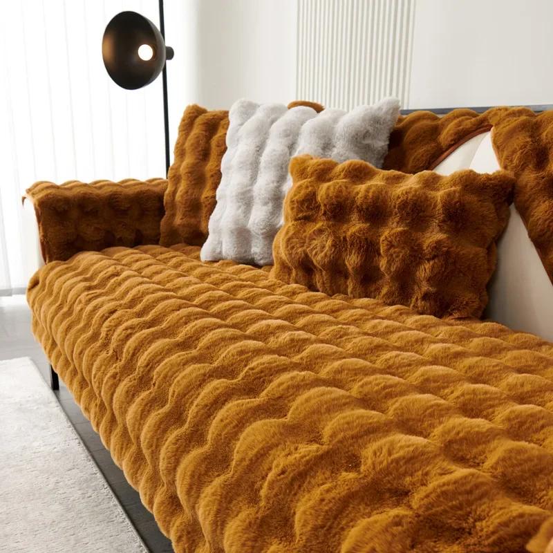 Warm Velvet Non-Slip Cushions Winter Thick Plaid Plush Sofa Cover  Living Room Flannel Couch Covers Universal Armrest Back Towel