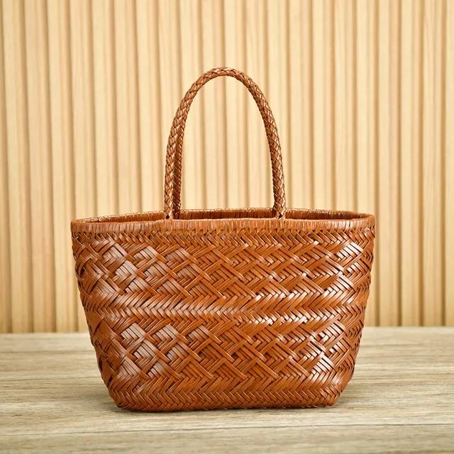 Woven Genuine Leather Handmade Vegetable Basket Bag French Casual Versatile Women s  Cowhide hollow bag
