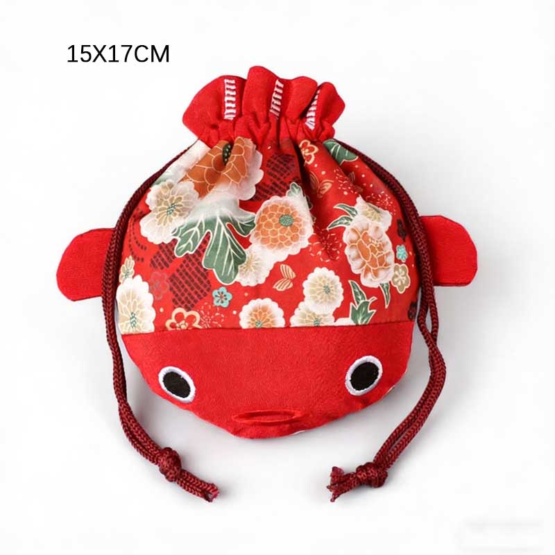 Cartoon Animal Canvas Flower Drawstring Bag New Year Large Capacity Gold Fish Shape Handbag Coin Purse Wedding Candy Bag