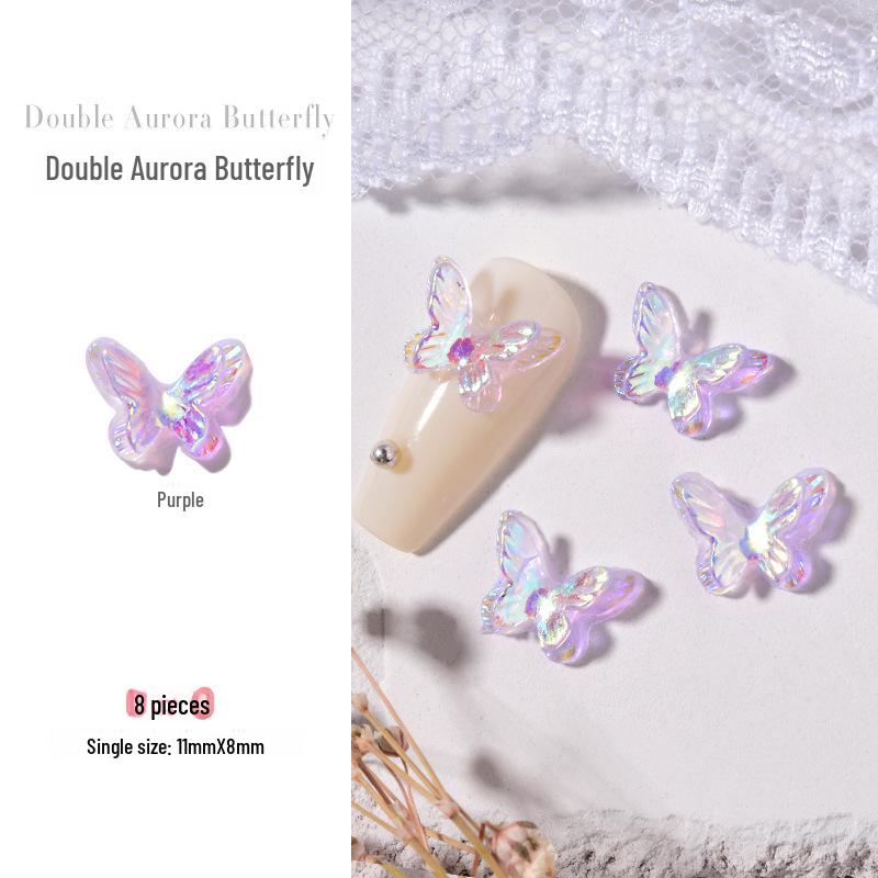 Aurora Butterfly Nail Gems: 8 Double-Layer, 3D Fantasy Colors for Summer