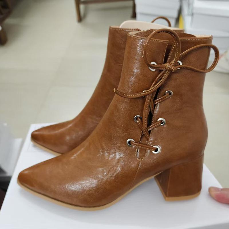 Fashion Liyke New Fashion Cross Lace Up Ankle Boots For Woman Vintage Pointed Toe Low Thick Heels Chelsea Shoe Women Booties Black Brown