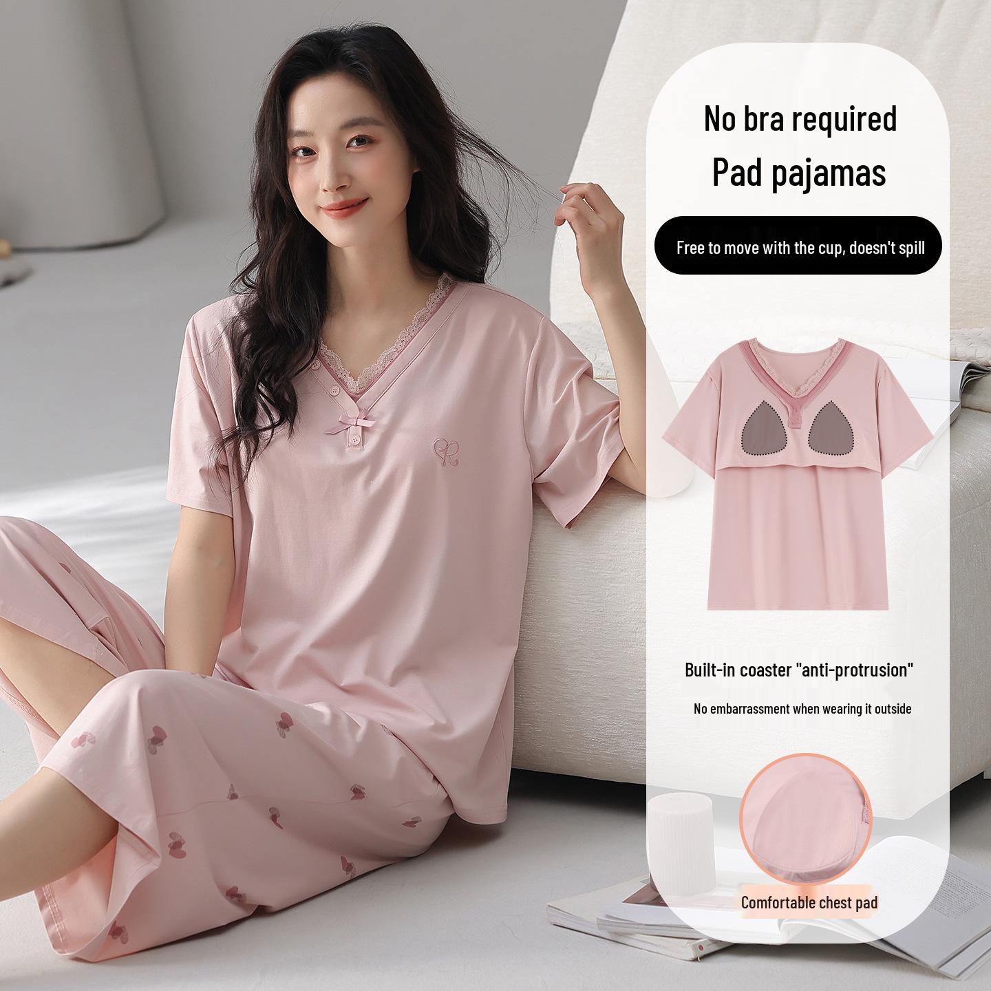 Women s Summer Lyocell-Cotton Pajama Set - Short Sleeve Top & Three-Quarter Length Pants with Chest Pads M