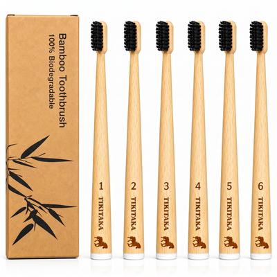 TIKITAKA FTG Horsehair Bamboo Toothbrush, Set of 6, Firm Natural Bristles (Not Soft Nylon Bristles), Bamboo Handle, Self-Standing, Family Pack