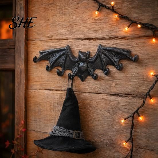 Key Holder Hook Bat Wall Hooks, Black Cast Iron Gothic Coat Rack with 2 Prongs, Rustic Metal Hanging Organizer for Keys Hats Scarves, Industrial Home