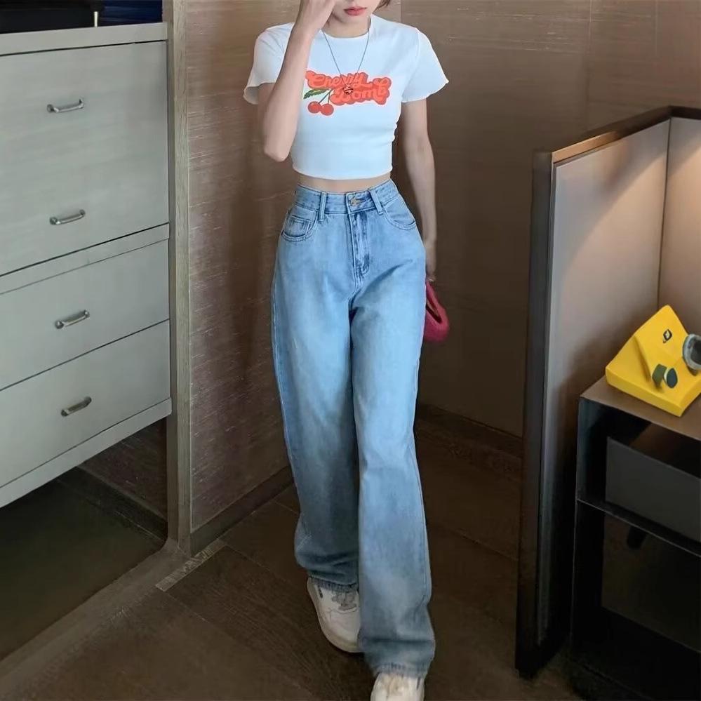Autumn Trend Women's Retro Washed Blue High-Waist Wide-Leg Jeans - Floor-Length Slimming Trousers