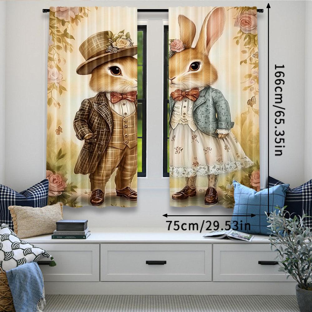 2Pcs Easter Rural Rabbit Couple Printed Curtains Living Room Game Room Bedroom Multi Scene Decorative Curtains Home Decoration