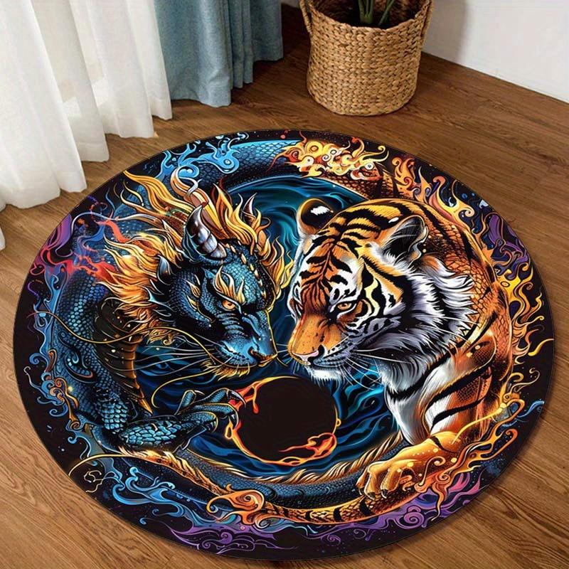 Dragon Tiger Yin Yang Round Rug Flannel Printed Carpet Chinese Theme Home Decor Cozy Soft Floor Mat Living Room Indoor Use