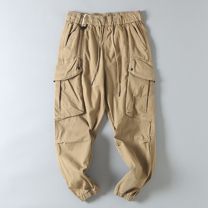 Heavyweight Vintage Large-Pocket Cargo Pants for Men, Autumn Season, Trendy Brand, Washed Pure Cotton, Loose Fit, Jogger-Style Harem Casual Long Pants