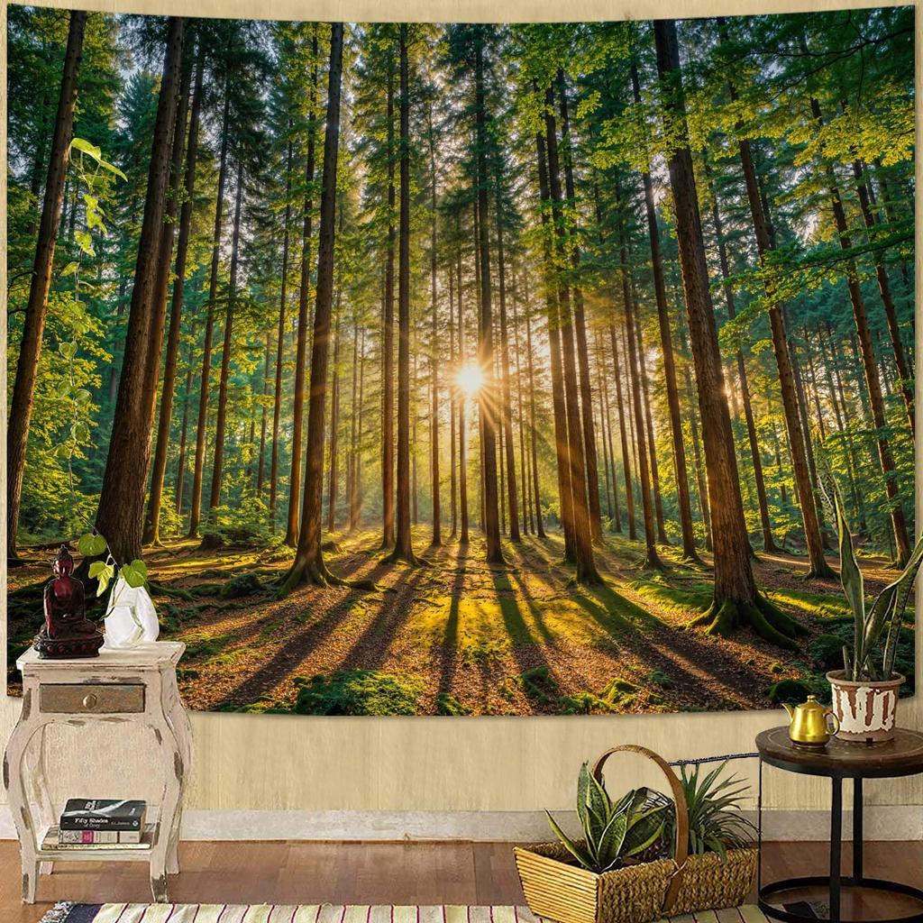 Nature Mountain Forest Tapestry Sage Green Tree Stream Wall Tapestry for Bedroom Aesthetic Lush Woodland Landscape Small