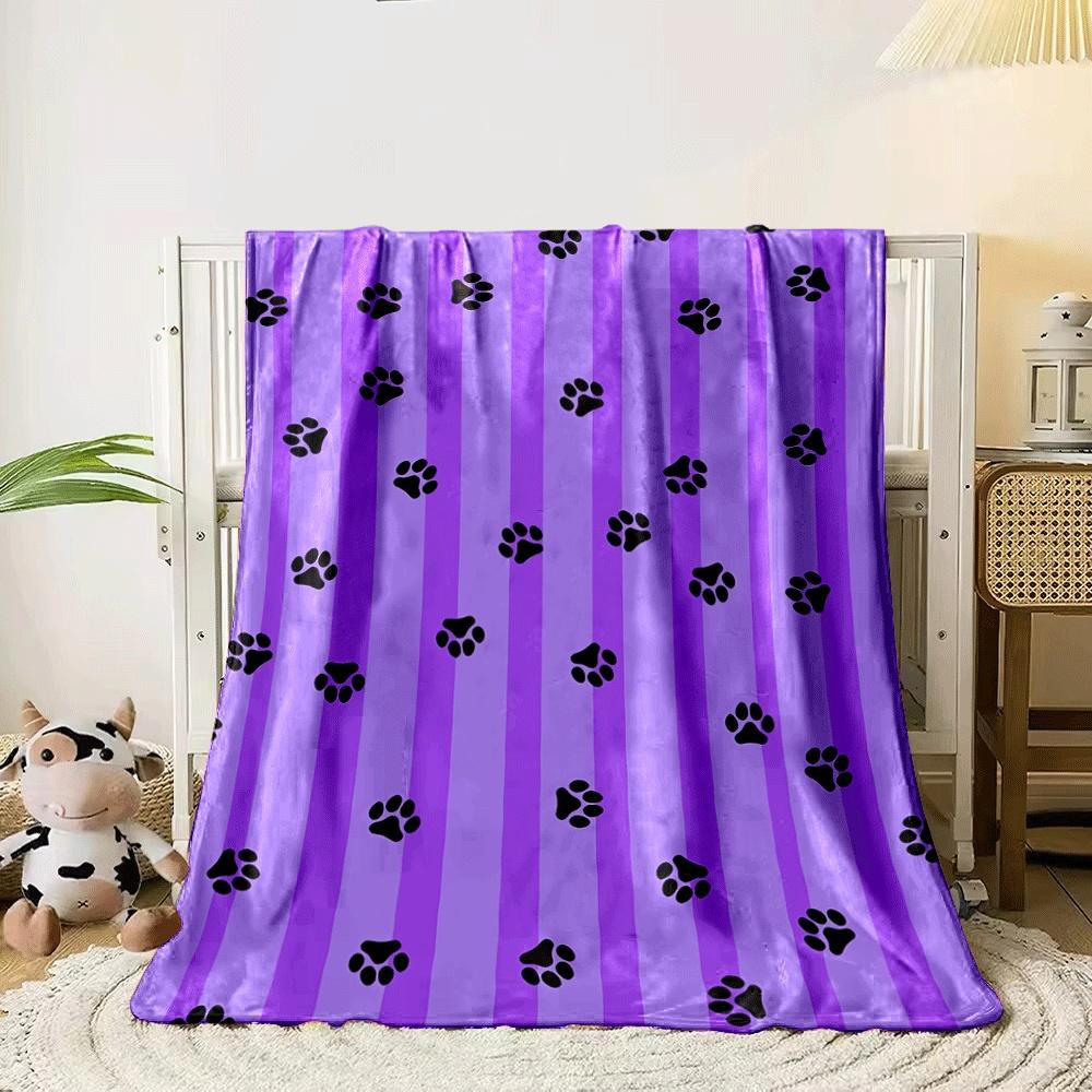 Purple vertical stripes with scattered black paw prints. for all seasons blanket lunch break throw gift 80cm x 120cm