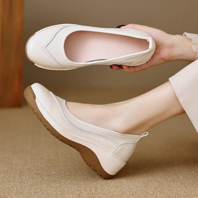 thick-soled wedge single shoes women's spring light soft-soled leather shallow mouth casual leather shoes