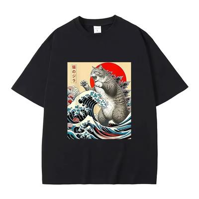 2025 Summer Catzilla Cat Japanese Art Funny Cat Gifts for Men Women High Quality O-Neck Short Sleeves 100% Cotton T-Shirt Tops