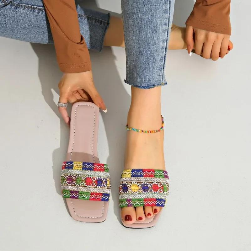 Fashion Woman Shoes 2025 Open Toe Slippers Women Plus Size Casual Comfortable Mixed Colors Sandals Square Toe String Bead Flat Slippers