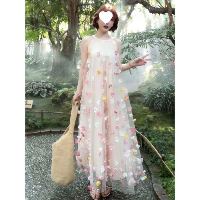Elegant Sleeveless Patchwork Fairy Long Dress with 3D Flowers - 2026 Spring/Summer Collection S