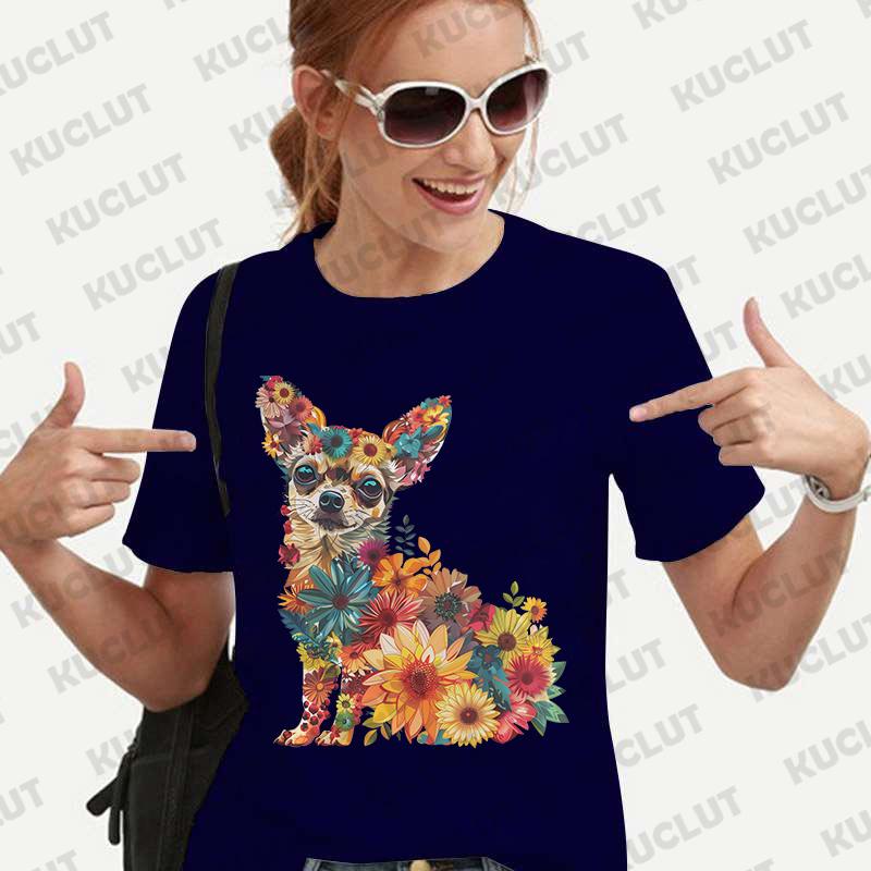 Dámské tričko s květinovým vzorem a čivavou, módní halenka s krátkým rukávem, Harajuku Ulzzang letní Y2k topy, dámské estetické oblečení