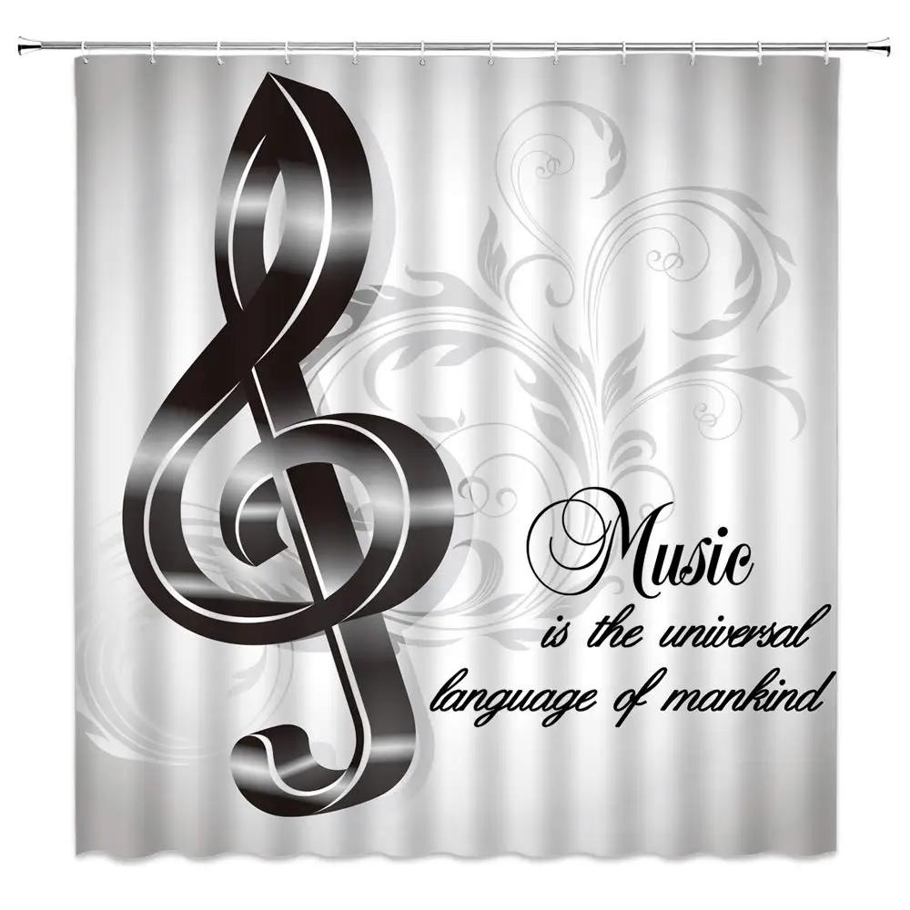 Music Shower Curtain,Black And White Music Notes Bathroom Shower Curtains Polyester Fabric Fashion Gray Bathroom Set With Hooks