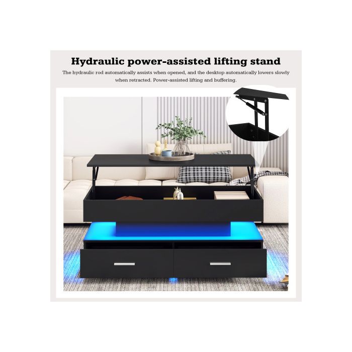 Table basse - MUVOE - 100x50cm - Éclairage LED - Commande APP Bluetooth - 2 tiroirs