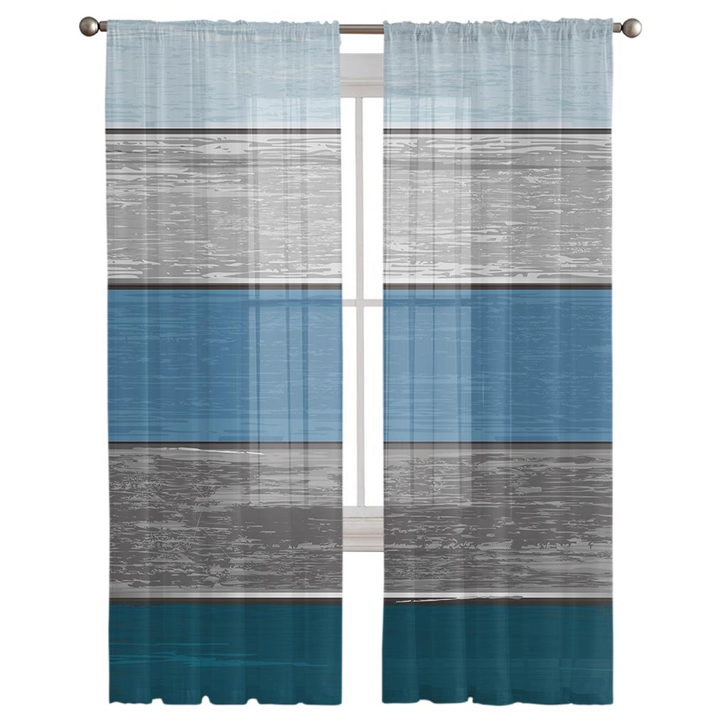 Retro Farm Barn Blue Gray Striped Gradient Sheer Curtains for Living Room Tulle for Windows Voile Yarn Short Bedroom Curtains