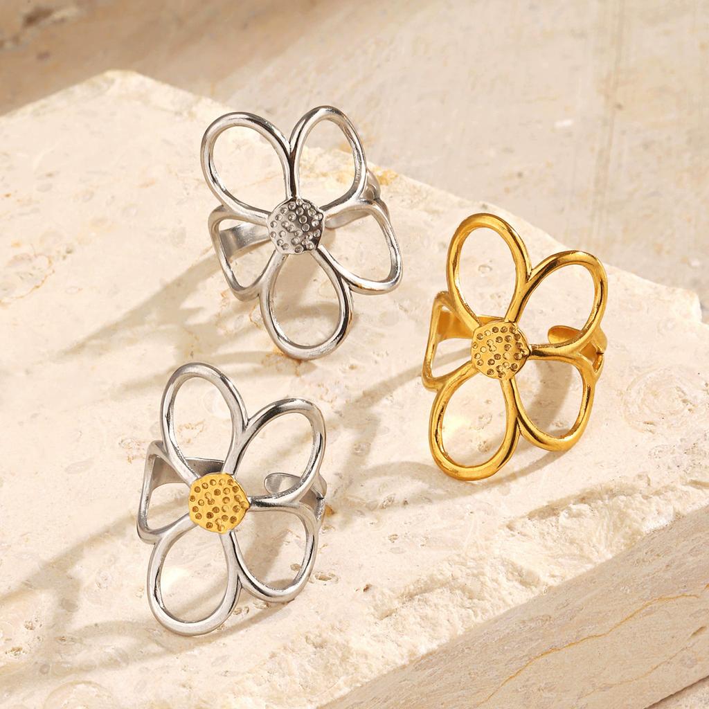 Stainless Steel Hollow Daisy Flower Rings for Women Simple Gold Silver Color Open Ring Anti Allergic Rust Proof Stylish
