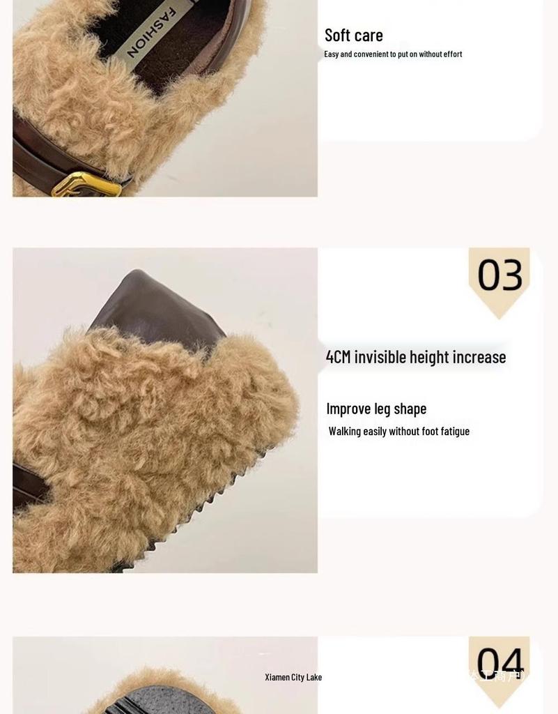 Lambswool Women's Fuzzy Winter Shoes 2025 - Fleece-lined, Thick Sole, Buckle, Warm Maternity Cotton Bean Shoes