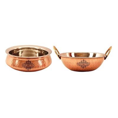 Steel Copper Serving Handi Bowl with Kadhai, Serveware & Tableware for Home and Restaurant (1 Handi - 500 Ml and 1 Kadhai - 450 Ml)