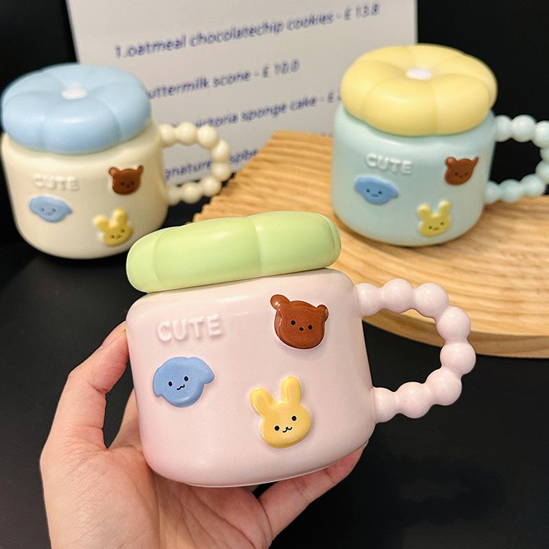 Cute Cartoon Animal Ceramic Mug with Lid High Value Household Water Cup Breakfast Milk Oatmeal Cup Souvenir