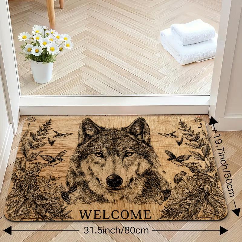 "WELCOME" Wolf Print Doormat, Non-Slip Washable Rug for Indoor Outdoor, Entryway, Living Room, RV & Home Decor