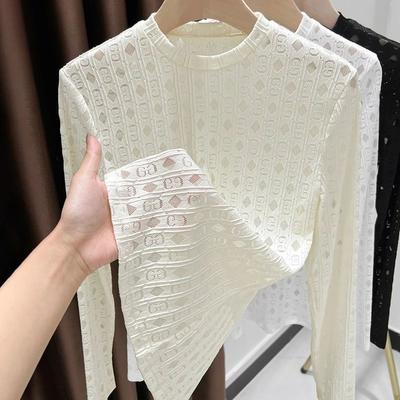 Spitze Strick Slim Fit Mesh Basisschicht Damen Unterwäsche Design Sinn Bluse Basic Reguläre Schulter Rundhals Aushöhlungs-T-Shirt für Damen