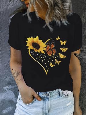 Damen Casual T-Shirt mit Rundhalsausschnitt mit Schmetterlings- und Sonnenblumenherz-Design Polyester- und Elasthan-Mischung Leichter Strickstoff