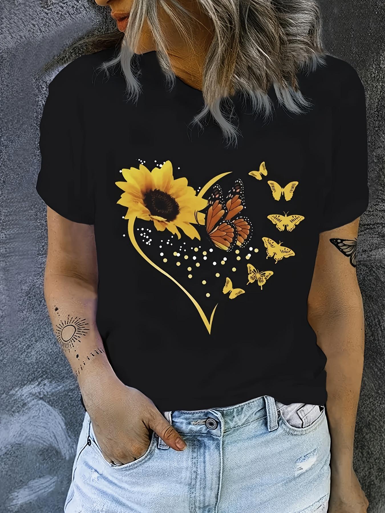 

Women s Casual Crew Neck T-Shirt with Butterfly & Sunflower Heart Design Polyester and Spandex Blend Lightweight Knit Fabric S