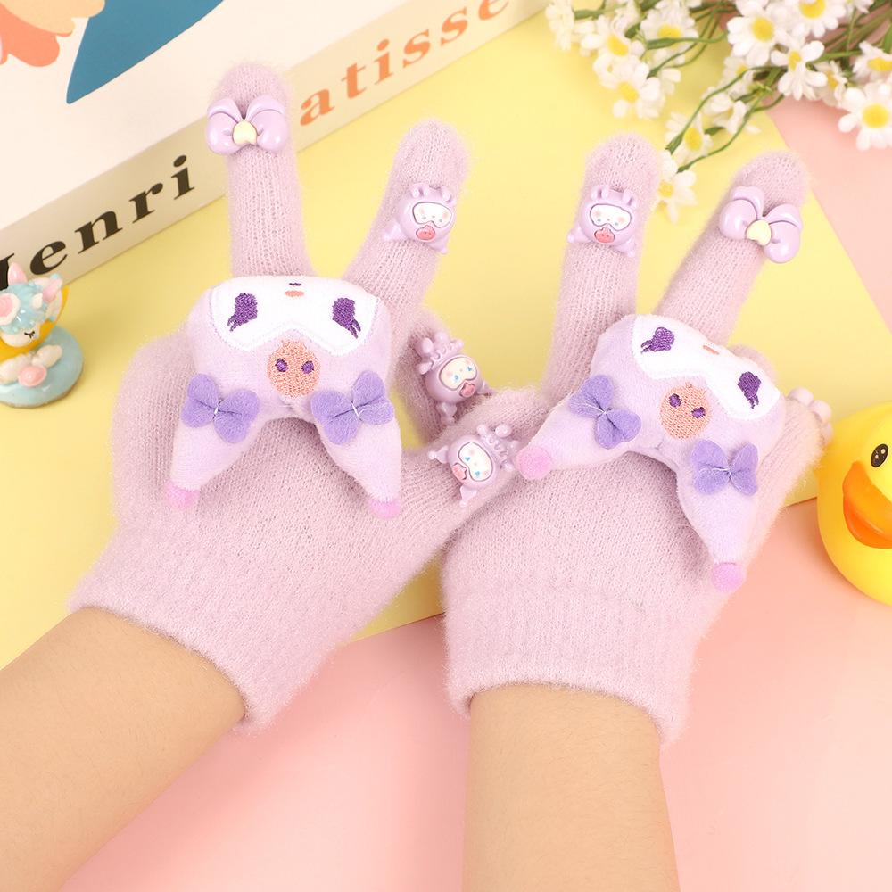 New children's gloves 2025 winter girls' Kulomi five-finger cover plus little girls' velvet to keep warm and keep out the cold finger cover