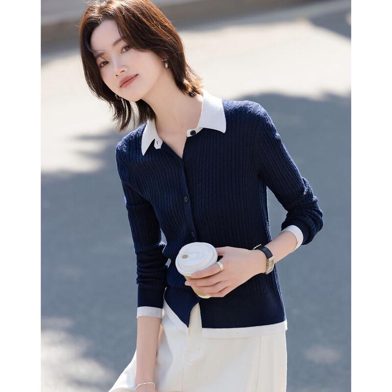 Women's Contrast Lapel Wool Blend Twist Knit Cardigan
