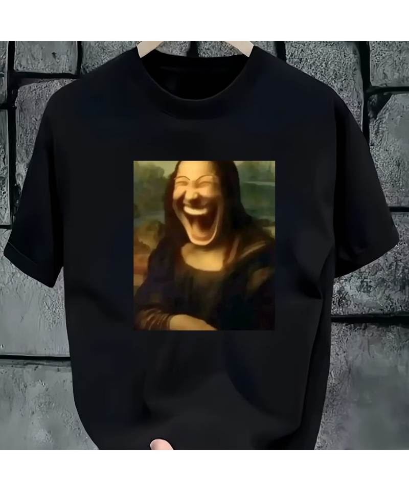 Funny Laughter Mona Lisa Printed Short Sleeved T-shirt Summer Unisex Loose and Breathable Cotton T-shirt Top