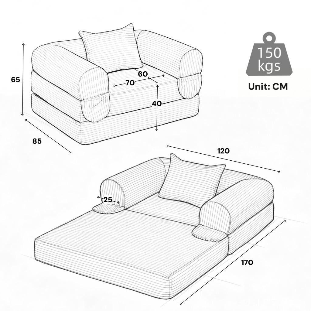 Corduroy Single Sleeper Sofa Convertible, Folding Sofa Bed, Space-Saving Guest Bed, High-Quality Corduroy Fabric, for Living Room, Bedroom, Apartment