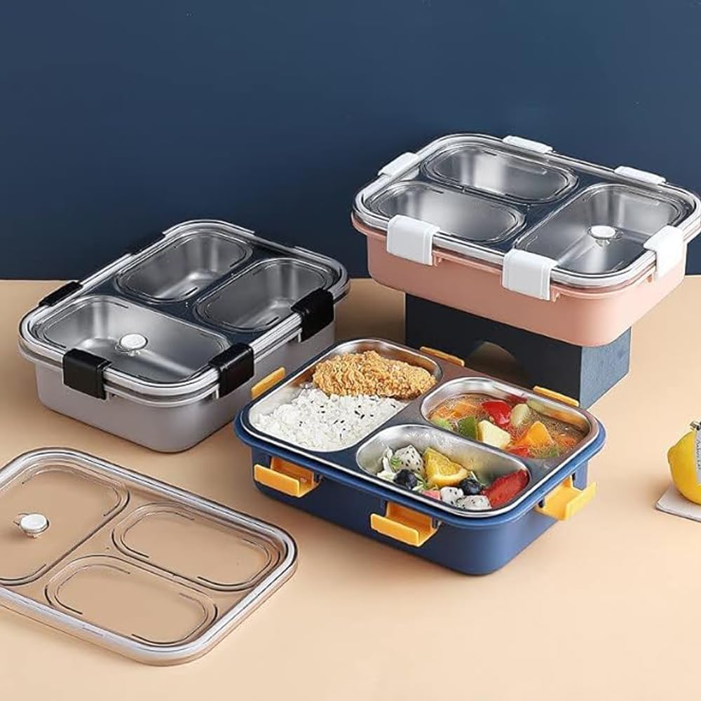 RSINC 3 Compartment Stainless Steel Lunch Boxes for Boys | Office Vaccum Tiffin Box for Women Leak Proof Snack  (Assorte Color) Lunch Box 750 Ml