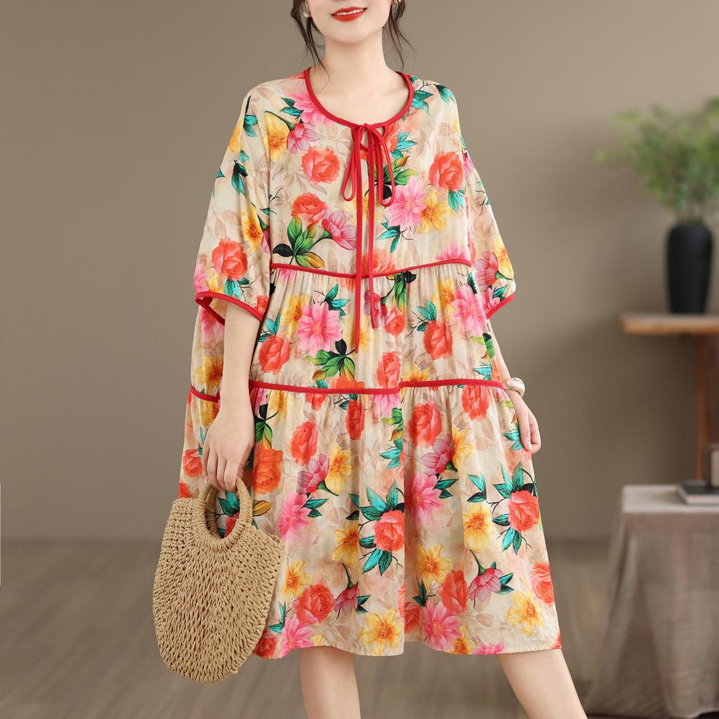 DIMANAF New 2026 Women Plus Size Summer Long Dress Sundress Loose Oversize Print Maxi Lady Floral Cotton Beach Dress