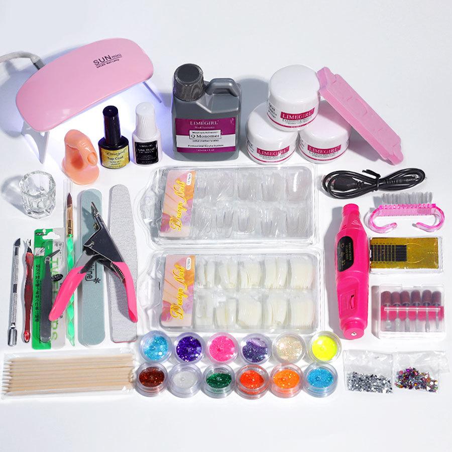 3 Colors Acrylic Powder Set with Nail Lamp Kit, Glitter Dipping Powder & Nail Art Tools, Quick Dry Long Lasting
