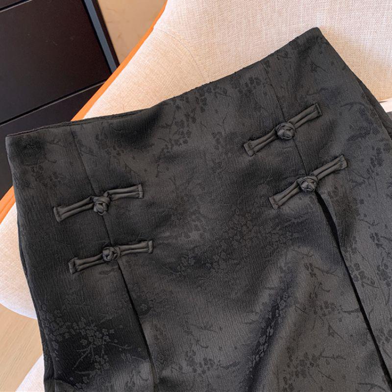 2023 Spring/Summer Black Chinese Style A-line Slimming High Waist Midi Skirt for Women