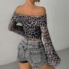 Fashion Spring and Autumn Women's Sexy Shoulder Long Sleeve T-Shirt Leopard Print Sexy Spice Top