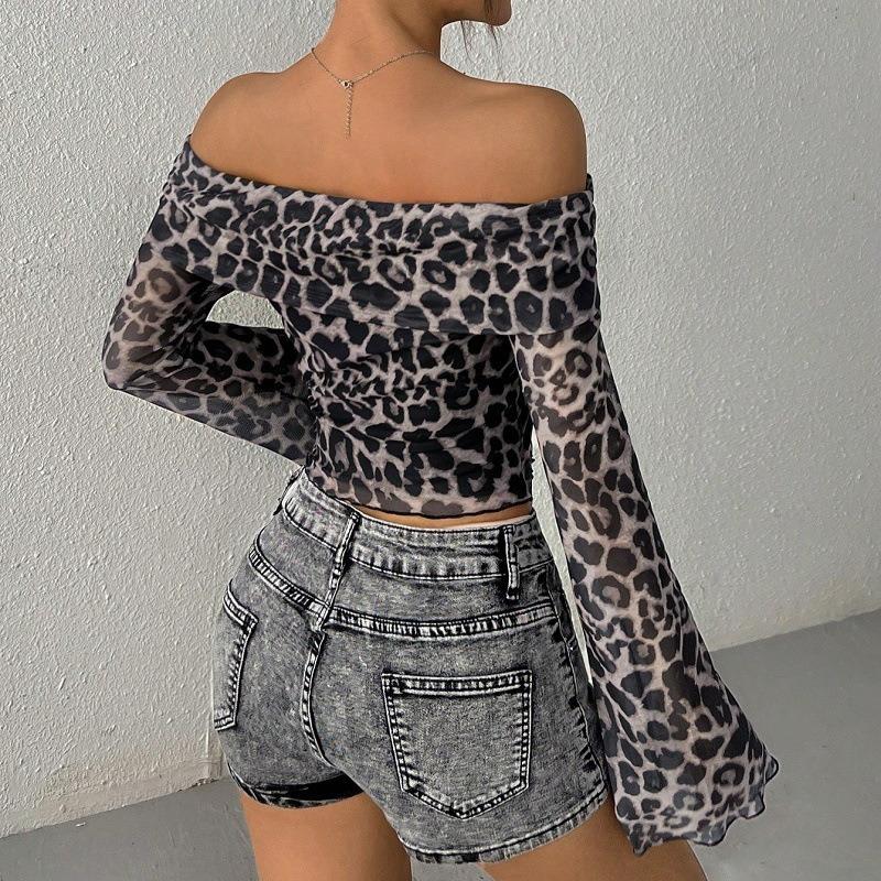 Fashion Spring and Autumn Women's Sexy Shoulder Long Sleeve T-Shirt Leopard Print Sexy Spice Top