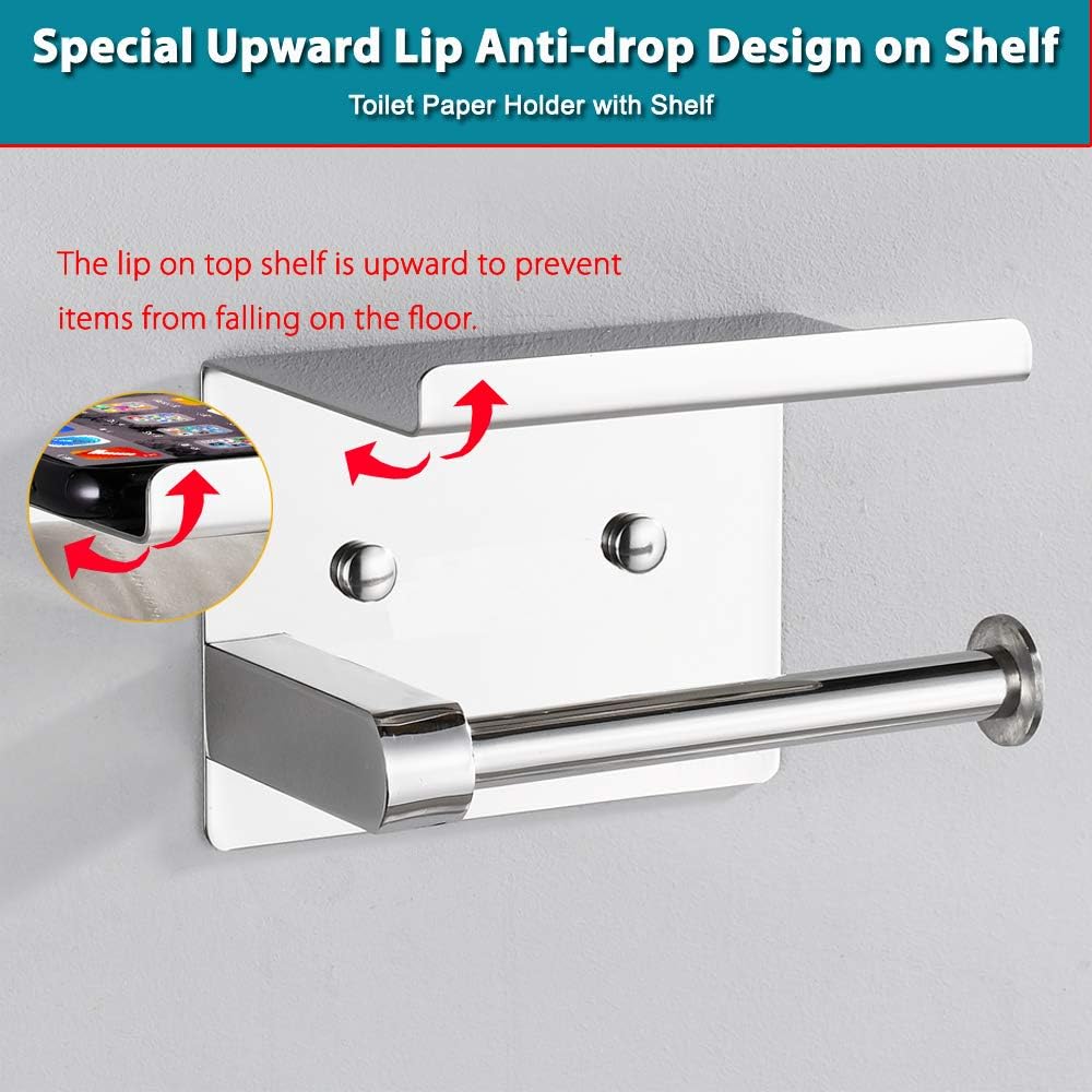 Toilet Paper Holder with Phone Shelf, Chrome Toilet Paper Holder with Shelf, Toilet Paper Roll Holder for Your Bathroom – 304 Stainless Steel, 3M