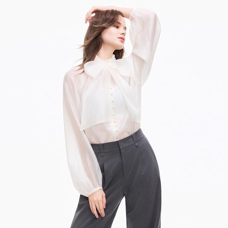 French Style Lantern Sleeve Bow Tie-Front Blouse S
