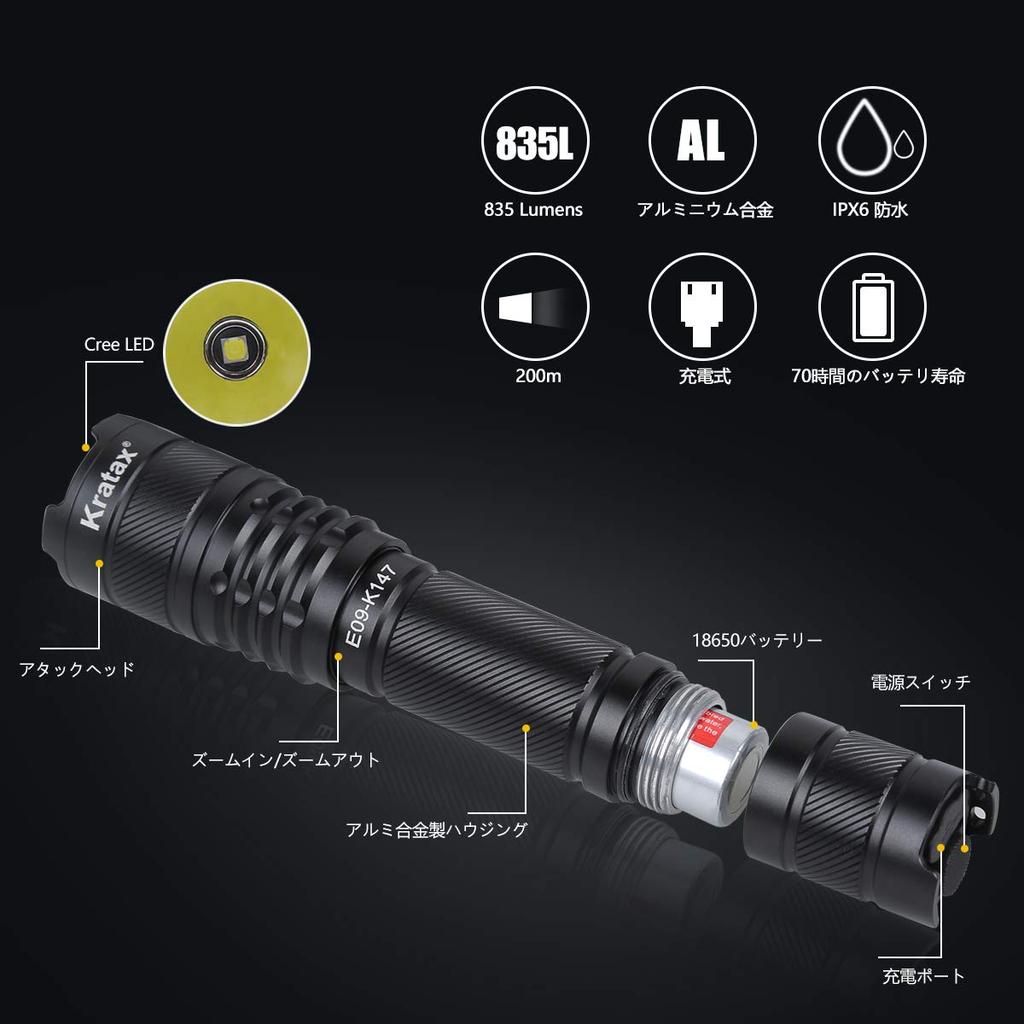 Kratax Powerful Zoom Powerful LED 835 5 Dimming Power Disaster Includes One 3000mAh Rechargeable Powerful Bicycle Light with Flashlight, Light,