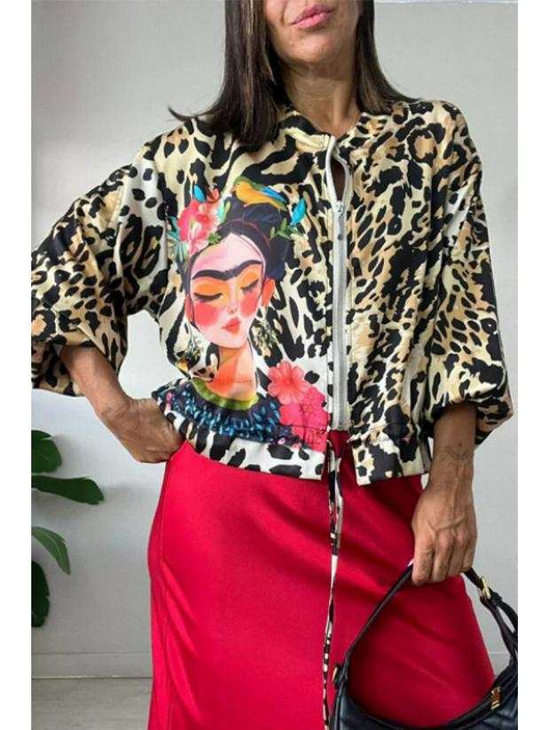 

Бомбер с леопардовым принтом: Женская европейская и американская осенняя модная верхняя одежда XL