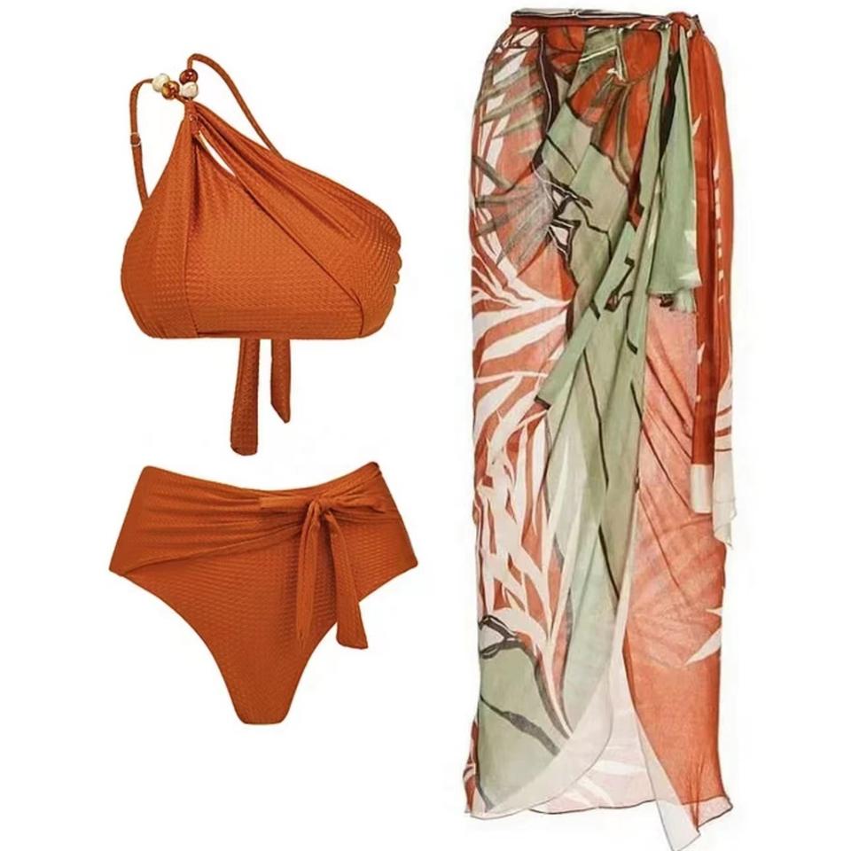 

3-Piece Bikini Set Women One Shoulder Swimsuit With Beach Dress High Waist Swimwear Female Bathing Swimming Suit Beachwear XL