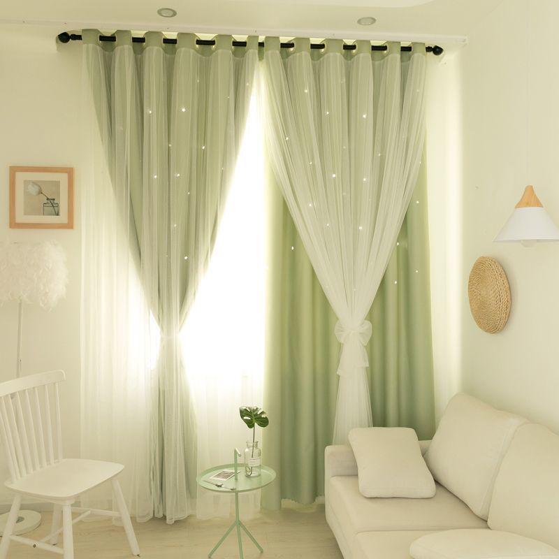 Double Layer Blackout Curtains, Girly Cream Style, Fabric and Gauze, for Bedroom and Dormitory, Sun Protection and Heat Insulation