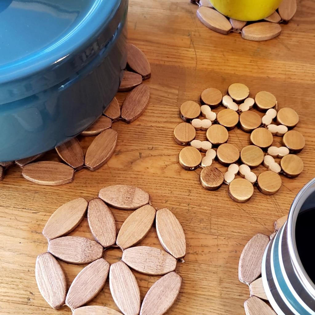 (TUISKU) Bamboo Trivet and Coaster Set, Wooden Round Pot Mat, 20cm (Hexagonal) for Kitchen, Camping, and BBQ