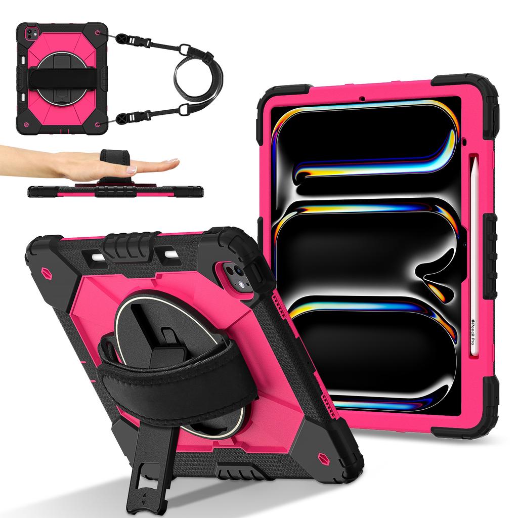 For iPad Pro 13 (2025)/13 (2024) Case Silicone + PC Kickstand Tablet Cover with Handy Strap, Shoulder Strap