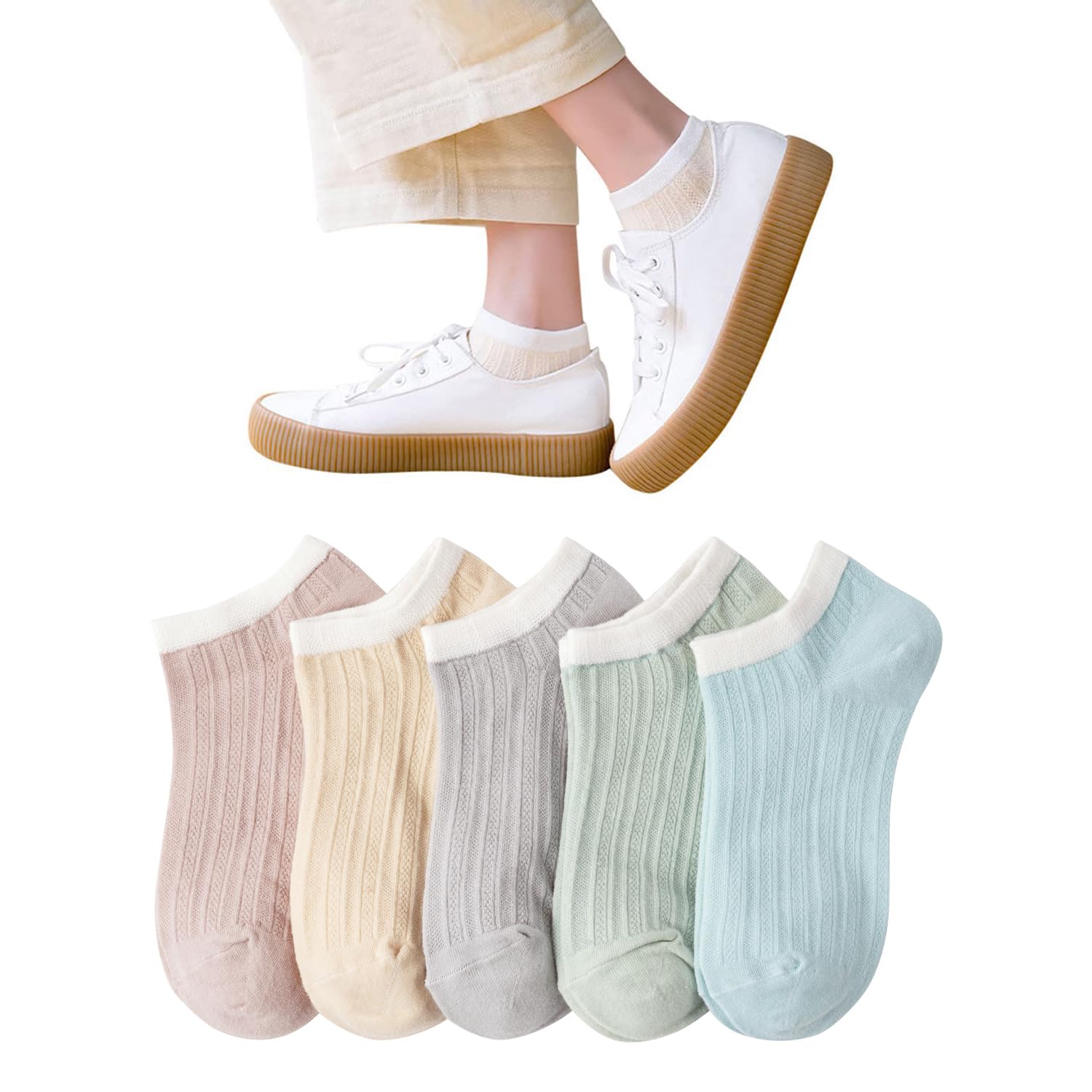 

DAMILY Летние дышащие носки до щиколотки, Размеры Женские носки, Носки, Хлопок, Милые, Стильные, Сетчатые, Удобные, Повседневные, Набор из 5 пар, 22-24.5см